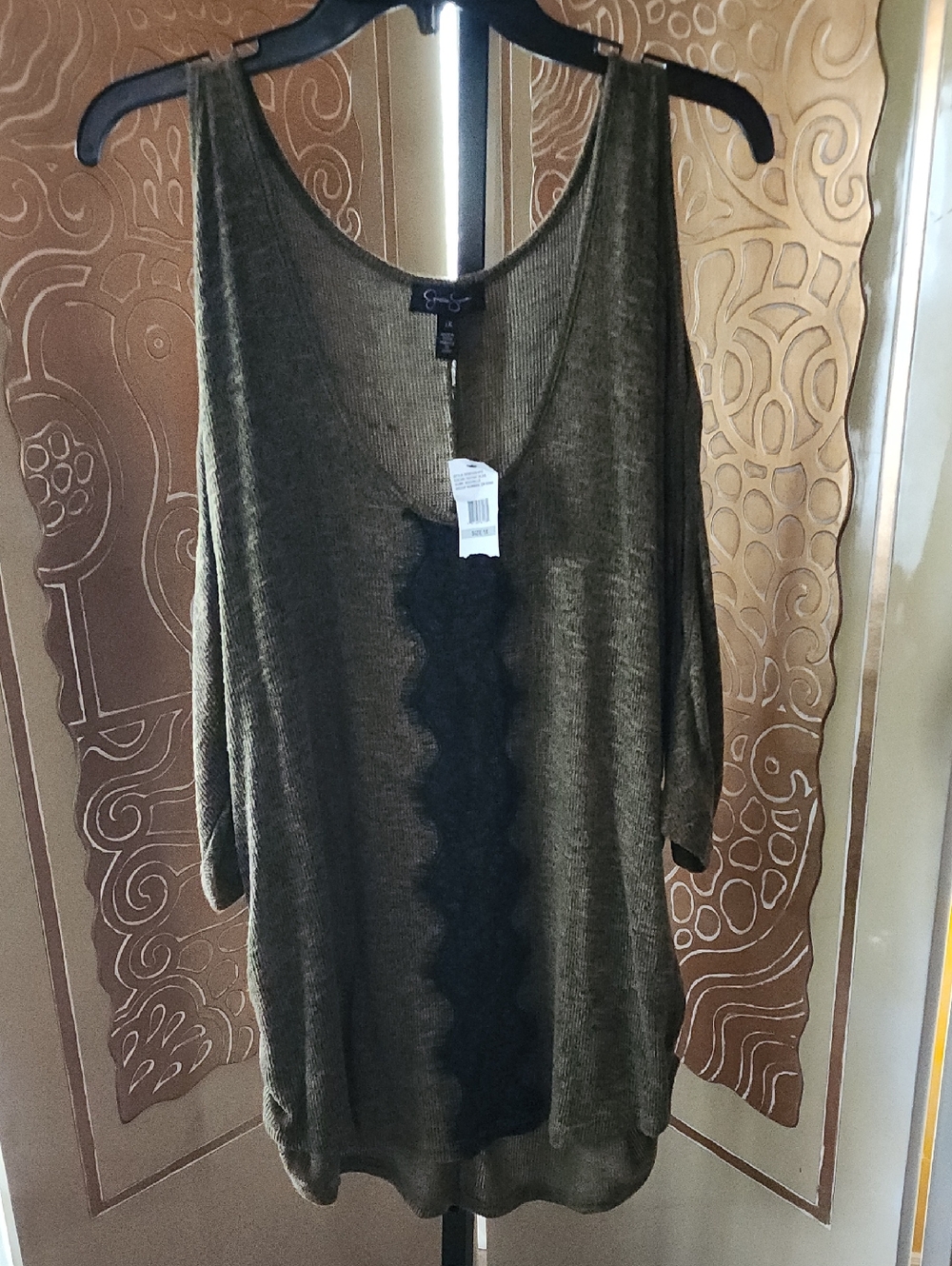 Jessica Simpson Olive Green Knit Sweater with Black Lace Trim